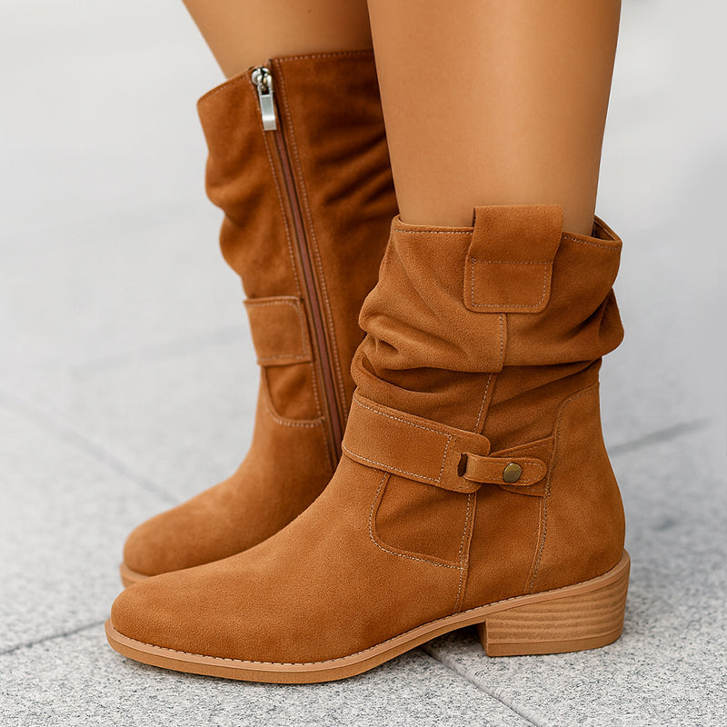 Women’s Mid-Calf Suede Slouch Boots with Low Heel