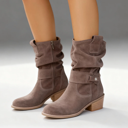 Women’s Mid-Calf Suede Slouch Boots with Low Heel