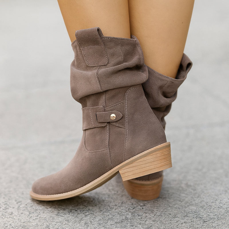 Women’s Mid-Calf Suede Slouch Boots with Low Heel