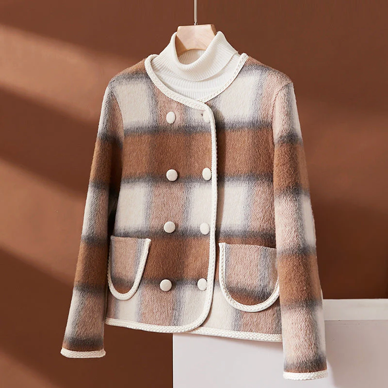 Women’s Plaid Wool Blend Jacket with Contrast Trim