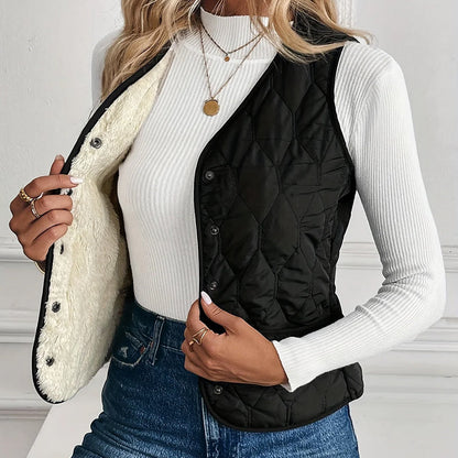 Women’s Quilted Snap-Front Vest with Sherpa Lining