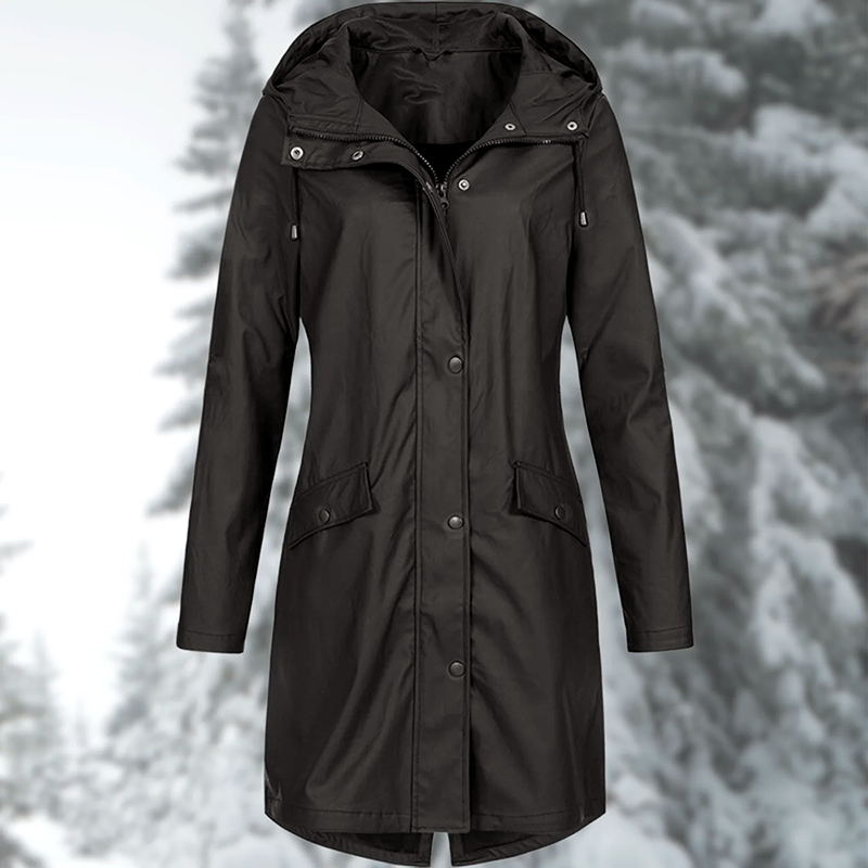 Women’s Rain Coat with Snap Buttons and Drawstring Hood