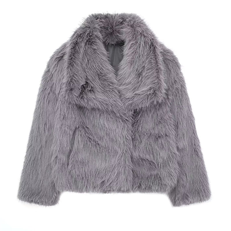 Women’s Short Faux Fur Coat with Oversized Collar