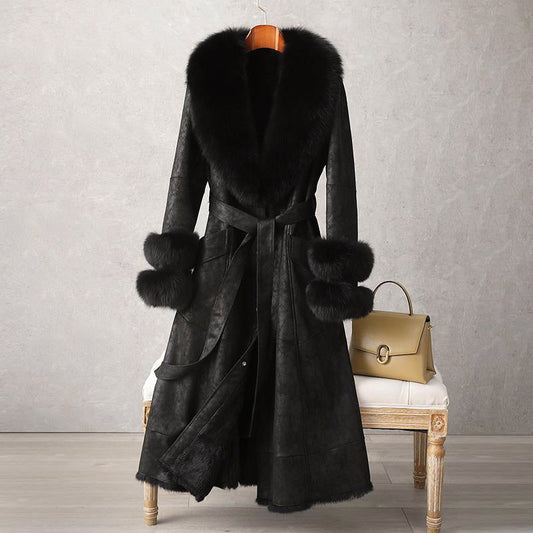Women’s Vintage-Inspired Full-Length Coat with Faux Fur Trim